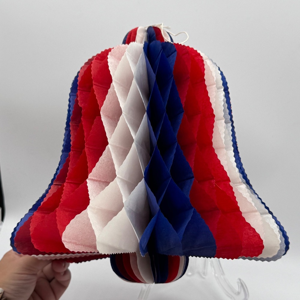 Vintage 1970s Red White Blue Tissue Paper Honeycomb Hanging Bell Decoration USA